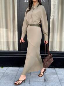 Solavon 女士休闲日常通勤简约纯色落肩宽松拼接口袋长袖衬衫和系带鱼尾裙两件套，春秋季 - 軍綠色 - 查看 5