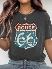 EMERY ROSE Camiseta de mujer con estampado retro, camiseta casual de mujer con estampado de eslogan, primavera/verano, lavable a máquina - Gris - Ver 1