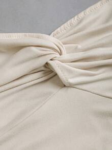 Sweetra Vestido mini ajustado con cuello en V, halter, retorcido y fruncido, de color albaricoque, estilo sexy, para primavera/verano - Albaricoque - Ver 5