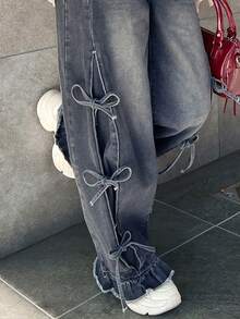 FRIFUL Women's Side Tie Drawstring Bow Design Straight Leg Jeans, Casual Loose Fit Versatile Denim Pants - Grey - View 2