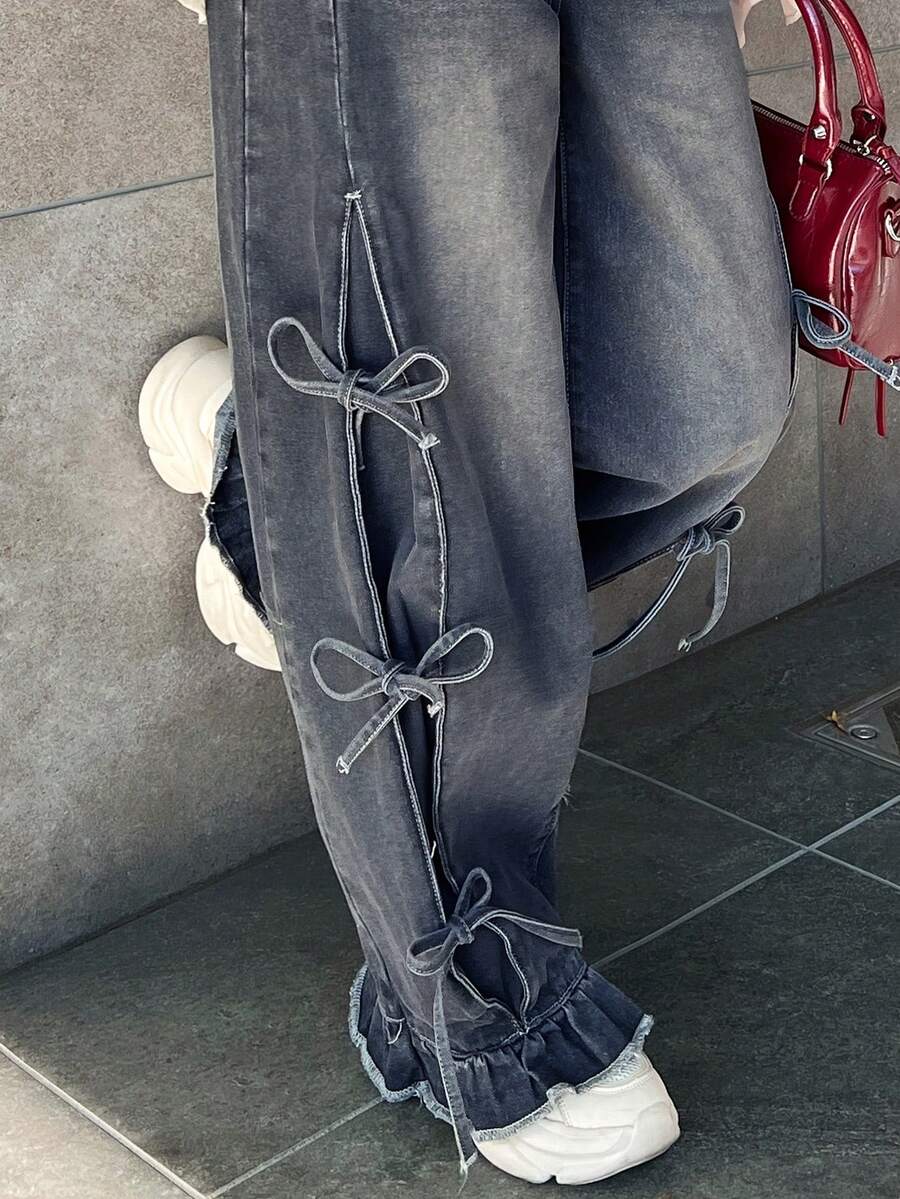 FRIFUL 女士侧系带抽绳蝴蝶结设计直筒牛仔裤，休闲宽松百搭牛仔裤 - 灰色 - 查看 1