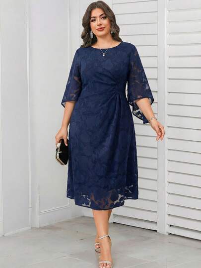 Reflora Sukienka damska plus size z okrągłym dekoltem i marszczeniami w talii