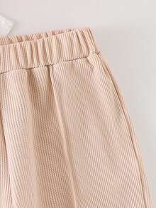 2件套女童（小号）杏色罗纹短袖蝴蝶结圆领T恤和直筒裤，休闲夏季儿童套装 - 杏色 - 查看 6