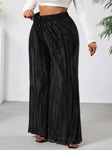 SHEIN PETITE CURVE 新款加大码女式小码休闲亮面针织高腰阔腿裤，高腰设计让您看起来更苗条，腿部更修长，适合娇小身材的女性。适合所有季节和场合，适合娇小身材的女孩和女性，夏季裤装。 - 黑色 - 查看 10