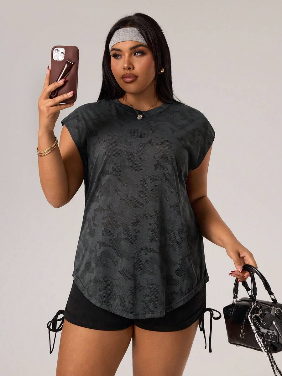 Rhythm Era Plus Size Women Camouflage Print Round Neck Casual Fitness Sports T-Shirt - Dark Grey - View 1