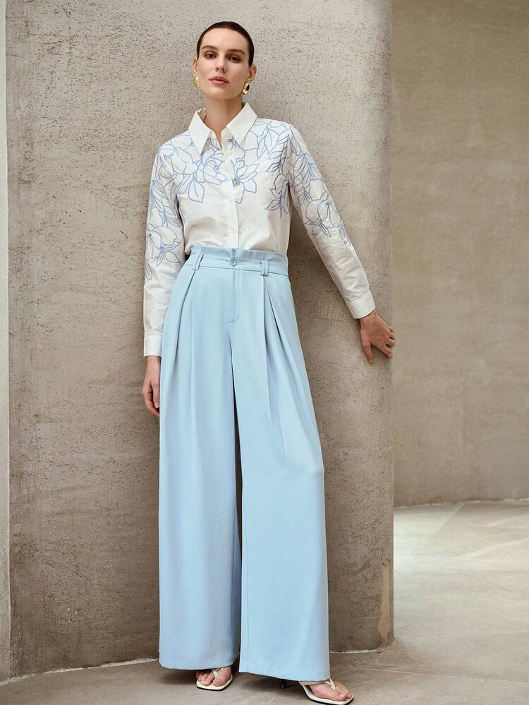 WOMEN'S SKY BLUE CASUAL FOLD PLEATED WIDE LEG PANTS