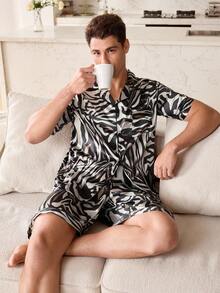 CoupledUp Zebra Print Faux Silk Short Sleeve Shorts Men Pajama Set - Multicolor - View 2