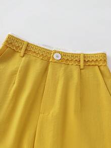 SHEIN Franclia Summer Fresh Ginger Yellow Textured Wide-Leg Pants - Regular-Waisted Lace Waistband Single-Button Loose Drape Casual Pants, Blogger-Style Commute & Vacation Long Trousers - Yellow - View 3