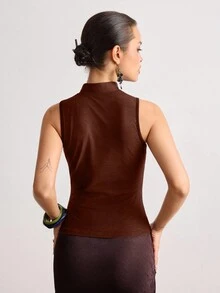 Grunge Punk 复古中国风佛像印花紧身女式背心 - 咖啡棕 - 查看 2