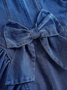 SHEIN 女童3D蝴蝶结装饰深蓝色牛仔连衣裙 - 深色水洗藍 - 查看 4