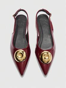 CUCCOO BIZCHIC 1 Pair Sexy Strap Pointed Toe Metallic Buckle Patent Leather Women Pumps Valentine's Day - Burgundy - View 2