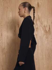 MUSERA 超短款扭结前肩垫西装外套上衣，冬季新年可爱性感外出晚宴派对点缀情人节场合春季 - 黑色 - 查看 3