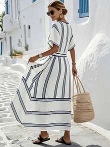 SHEIN Holidaya Summer New Arrival: V-Neck Chic Dress – Short-Sleeved, Contrast Wide-Narrow Striped, Relaxed Long Silhouette. This French Retro Piece Blends Vacation Charm With Office Elegance, Boasting A Slim-Flattering A-Line Cut - Multicolor - View 2