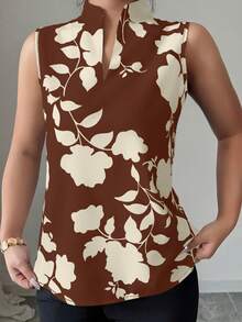 Elenzga V领印花半开襟无袖衬衫 - 彩色 - 查看 6