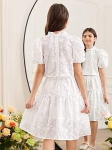 SHEIN Tween Girl Spring/Summer Korean Style Floral Short Sleeve Top With Ruffle Hem Simple Versatile Dress Set, Perfect For Outdoor Activities, Vacation, Friends Tween Girl - White - View 2