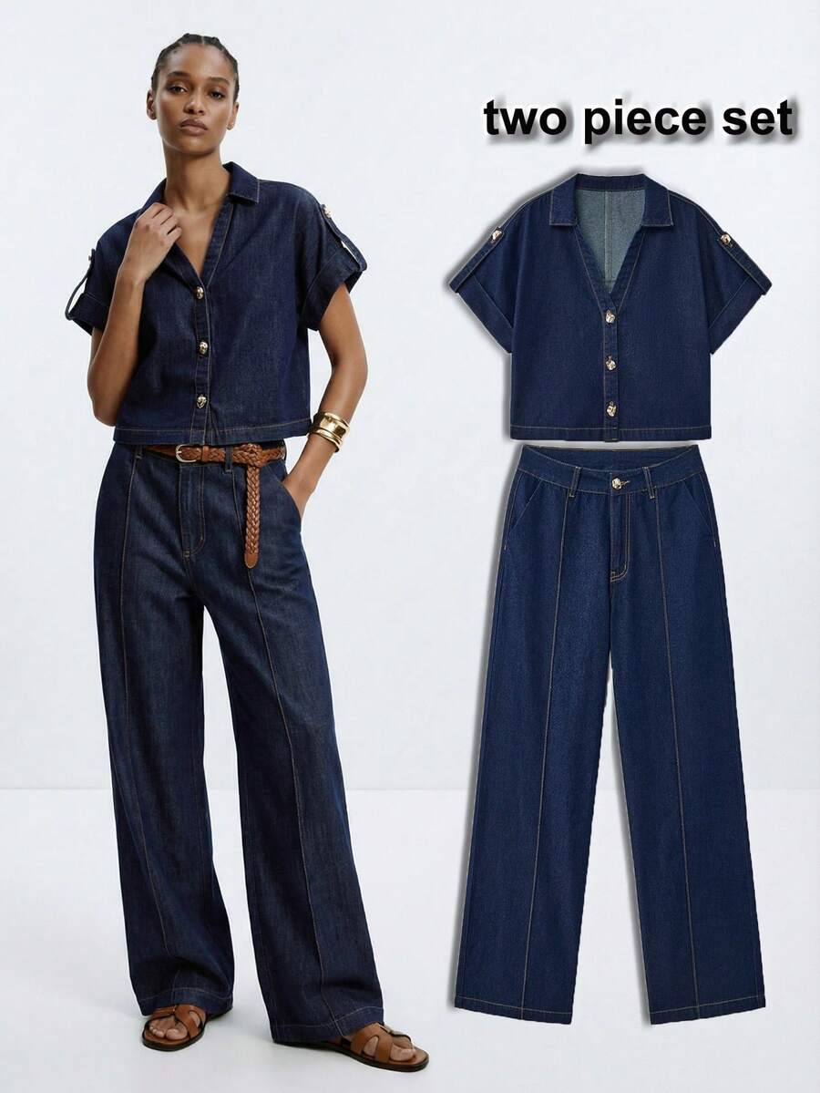 Maija Women's Casual Daily Commute Fashion Street Chic V-Neck Roll Tab Sleeve Loose Denim Shirt And Wide Leg Jeans Set, Spring/Summer/Autumn - Dark Wash - View 1