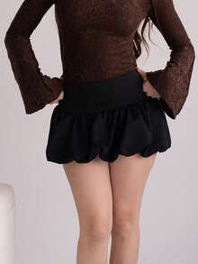 Andrea Bello 女士純色高腰荷葉邊迷你裙 - 黑色 - 查看 4