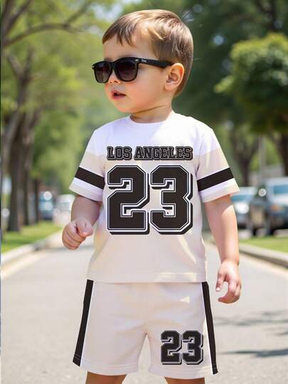 1 Set Toddler Sports Style Black & White Numeric Print Short Sleeve Shorts Set, Non-Fleece. Ideal For Daily Sports, Spring/Summer