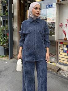 DAZY Spring/Summer Romantic Design Loose Casual Commute Elegant Blue Shirt And Straight Leg Jeans Women 2-Piece Suit - Blue - View 4