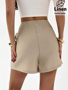 Firerie 女士简约优雅日常通勤休闲居家办公套装，中腰米色亚麻质感裹身裙短裤，教师装，百搭休闲，度假，波西米亚风 - 杏色 - 查看 2