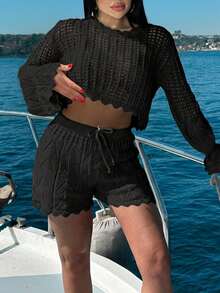 EURMUSE 女士上衣和短裤套装，适合沙滩装罩衫，镂空设计 - 黑色 - 查看 4