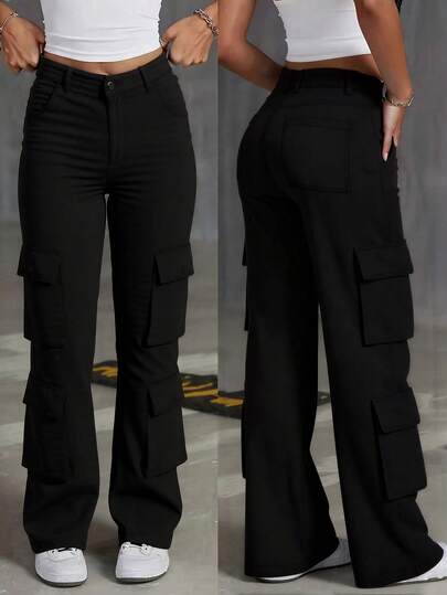 Pantalones Cargo para Mujer con Pierna Ancha, Bolsillos Múltiples y Estilo Casual