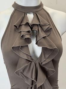 SHEIN Jeanoir Y2K Sexy Deep V-Neck Ruffle Design Stretchy Bodycon Mini Dress - Khaki - View 5