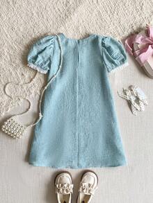 PrepCrw 1pc Young Girls' Elegant Pearl 3D Floral Decor Loose Fit Collared Linen Dress,Blue Summer 7th Birthday Dusty Blue Heirloom Cyan Kids Party Outings - Pink - View 3