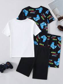 2pcs/Set Tween BoyLetter & Gaming Console Graphic Short Sleeve T-Shirt & Shorts Snug Fit Loungewear Set Snug Fit - Multicolor - View 2