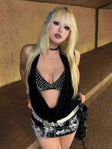 ROMWE Grunge Punk Spring/Summer  2pcs/Set Sexy Dark PUNK Rivet Patchwork Plus Size Women Crop Top Bra + Outerwear Valentine's Day - Black - View 6