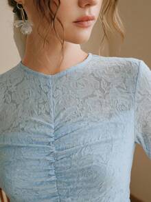 Anewsta 优雅春季女士长袖蕾丝连衣裙，褶皱鱼尾裙，长袖，圆领，新年、圣诞节、情人节 - 藍色 - 查看 2