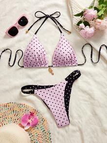 Swim Mod Bộ bikini gợi cảm mùa hè dành cho nữ, kiểu dáng ngọt ngào, dễ thương, họa tiết chấm bi tương phản, có thể mặc hai mặt, buộc dây cổ sau lưng. - Nhiều màu - Xem 5