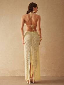 Silquee 不对称设计，小众风格，露背亮片，海滩度假风，长款镂空，显瘦，收腰，性感时尚连衣裙，适合节日、度假等场合。 - 黃色 - 查看 2