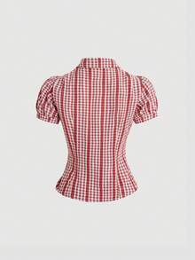 Sweetra Women's Elegant Vintage Red Plaid Puff Sleeve Cinched Waist Short Sleeve Blouse, Spring/Summer - Red - View 2