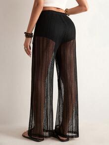 Freevana Quần ống rộng dệt kim xuyên thấu màu đen phong cách Bohemian, quần ống rộng cạp cao họa tiết hoa lưới, quần casual gợi cảm kiểu nghỉ dưỡng dành cho nữ. - màu đen - Xem 2