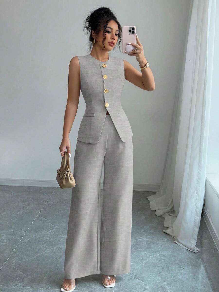 Selianne 女士优雅花卉纽扣装饰休闲/通勤套装 - 淺灰色 - 查看 1