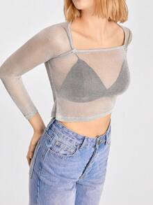 SHEIN EZwear 秋季女士时尚纯色透视修身短款上衣 - 銀色 - 查看 6