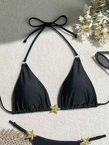 Elavelle Women's Summer Halter Neck Solid Color Metal Starfish Decor Sexy Bikini Top - Black - View 2
