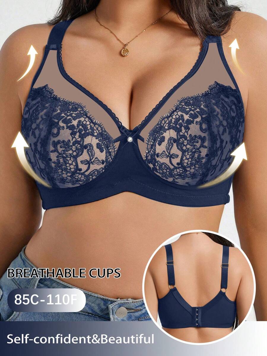 DesireSculpt 1 pieza Sujetador inalámbrico de encaje y parches para tallas grandes - Azul - Ver 1