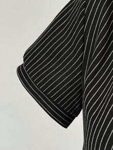 Jeanoix Women's Retro Striped Fabric Y2K Style Fitted Office Shirt - Black and White - View 4