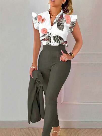 SHEIN LUNE Conjunto elegante y casual de blusa con estampado floral de manga corta y pantalones para mujer, sin cinturón