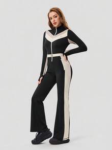 OutZeal Women Outdoor Jumpsuit Daily Casual Quick-Drying Buttery Soft Flared Hems With Pockets - Black and White - View 9