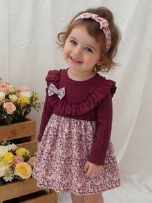 SHEIN 女婴针织圆领荷叶边连衣裙，莲藕粉色 - 酒紅色 - 查看 8