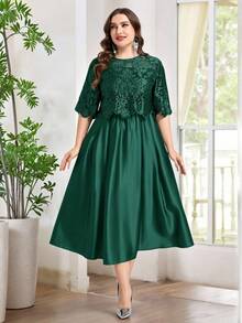 Reflora Vestido elegante de encaje de unicolor con cuello redondo y manga corta para tallas grandes - Verde - View 11