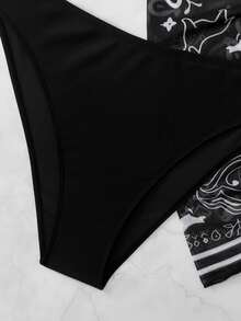 Swim Vcay 大码女式三件套露背吊带印花三角比基尼套装，含网纱短围裙，度假泳装 - 黑與白 - 查看 5