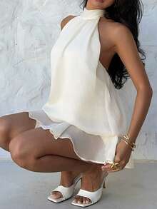 Aloruh 女士优雅浅黄色吊带系带迷你连衣裙 - 杏色 - 查看 4