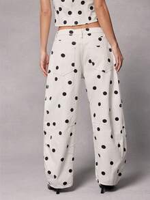 Hauture Women's Polka Dot Pattern Pocket Loose Fit Flared Jeans - White - View 6
