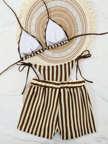 Swim Vcay 3pcs/Set Bohemian Style Crochet Fabric Drawstring Swimwear Cover Up Bikini Set - Coffee Brown - View 2