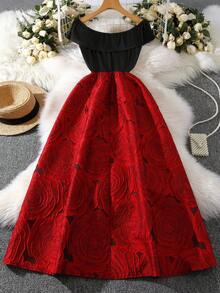 Franclia 女士优雅撞色露肩连衣裙 - 紅色和黑色 - 查看 2