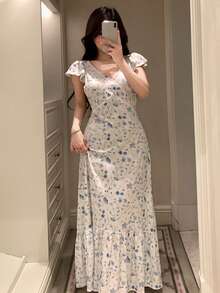 DAZY Ditsy Floral Cinched Waist Long Women's Nightgown - White - View 5